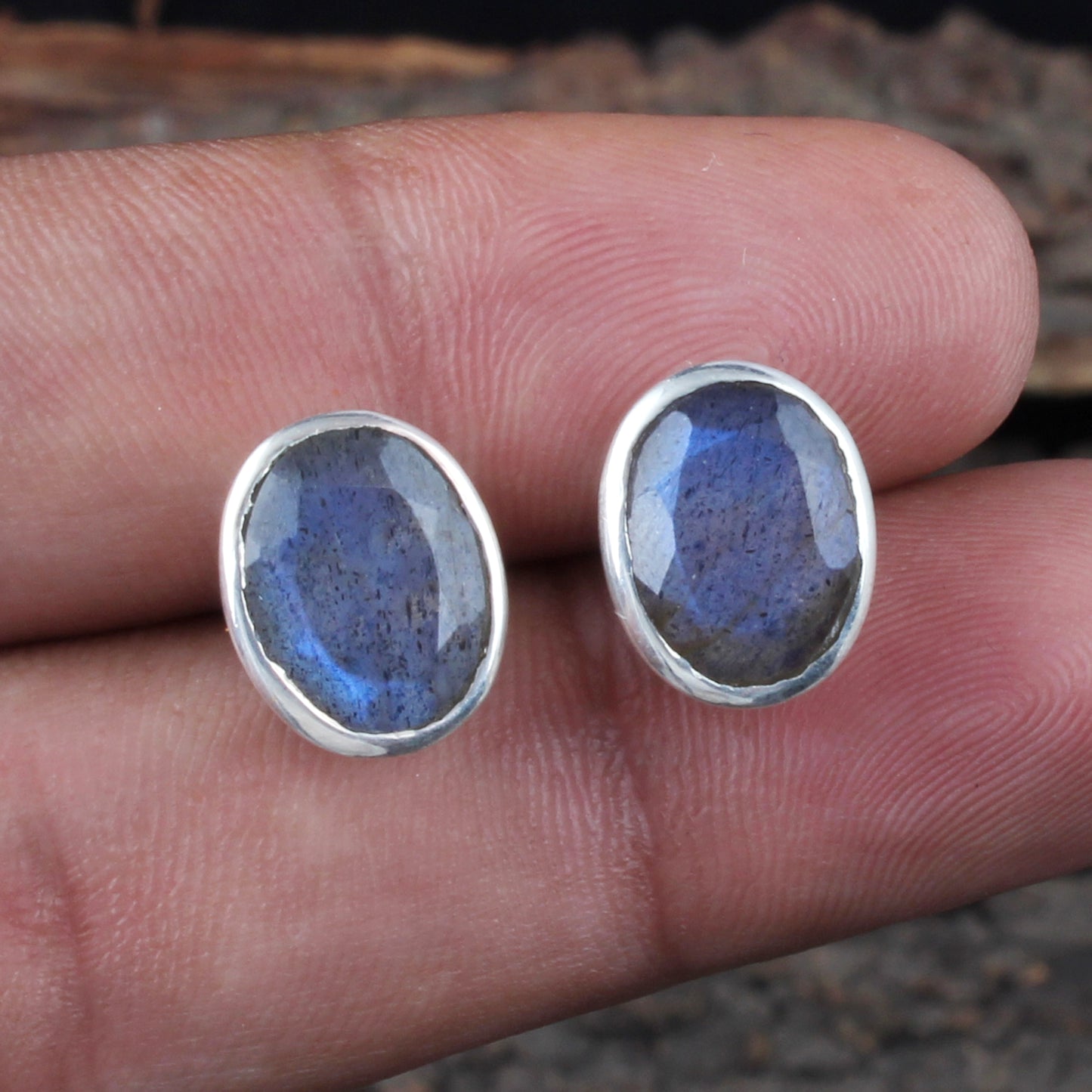 Natural Labradorite Earrings in 925 Sterling Silver Stud Earrings Faceted Gemstone Studs Gift for Her