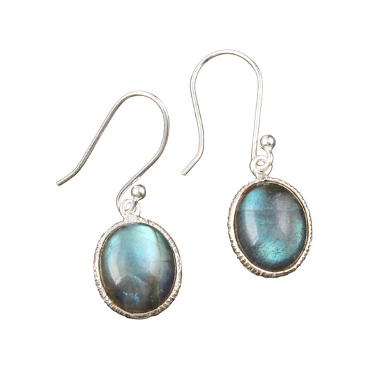 Labradorite Earrings Textured Bezel 925 Sterling Silver Oval Gemstone Earrings Lightweight Jewelry