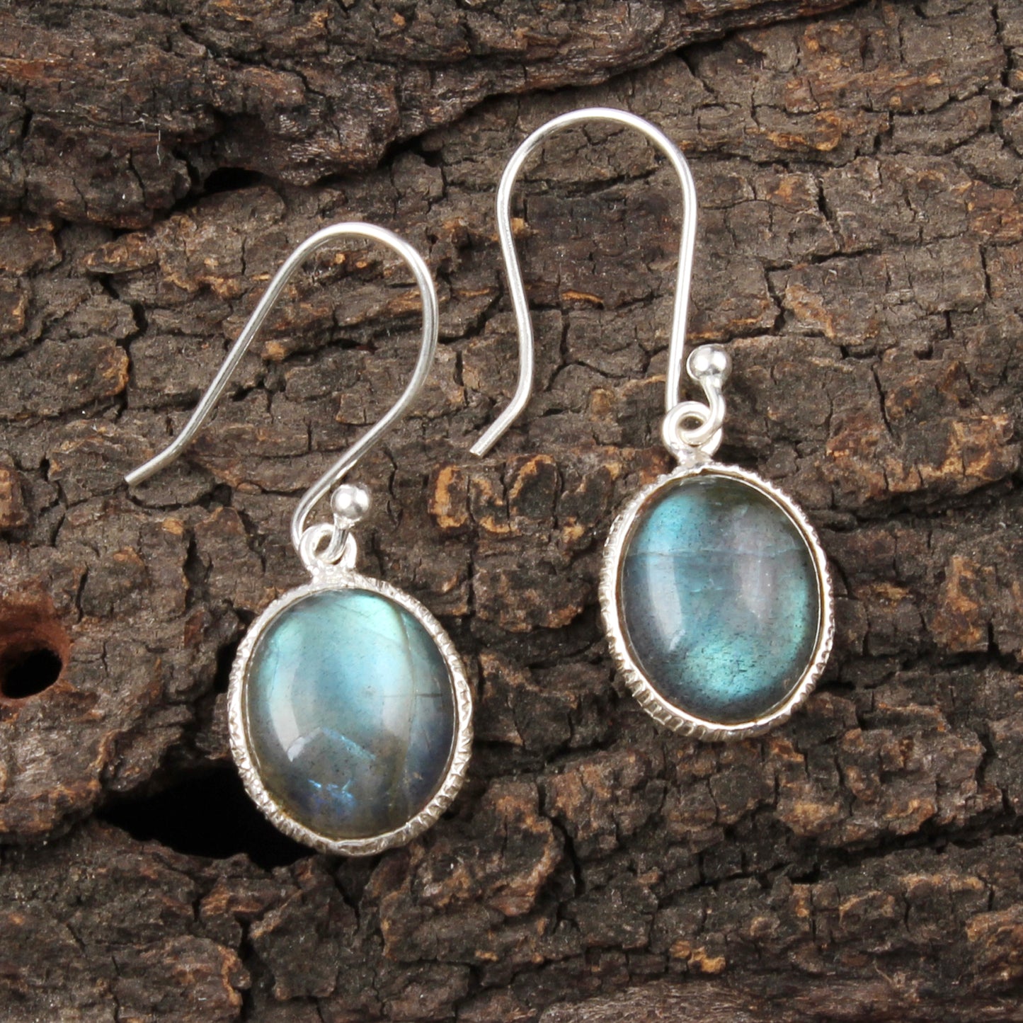 Labradorite Earrings Textured Bezel 925 Sterling Silver Oval Gemstone Earrings Lightweight Jewelry