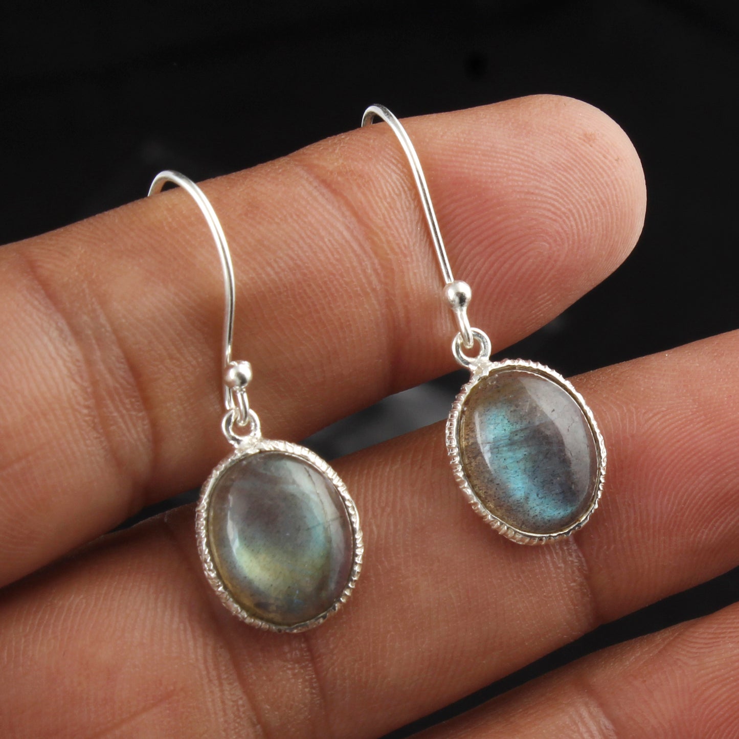 Labradorite Earrings Textured Bezel 925 Sterling Silver Oval Gemstone Earrings Lightweight Jewelry