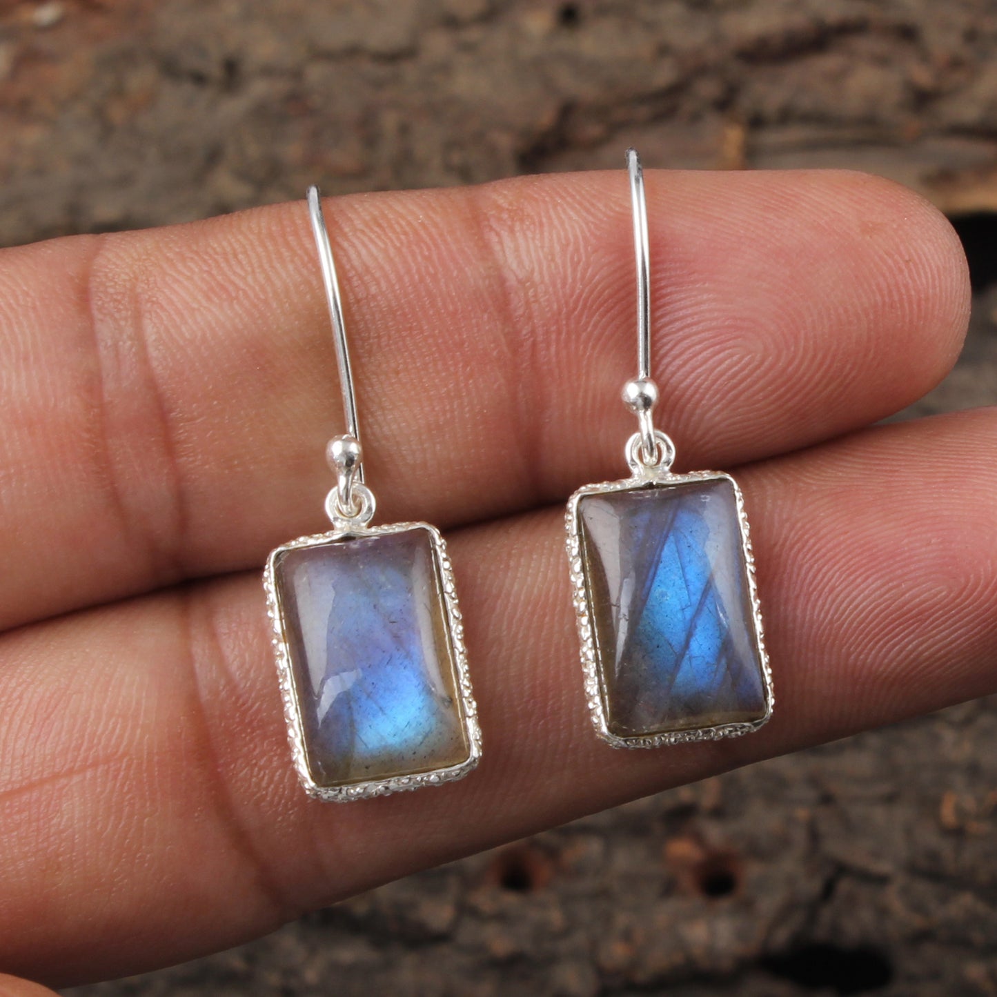 Dangle Labradorite Earrings Textured Bezel 925 Sterling Silver Natural Gemstone Earrings Jewelry