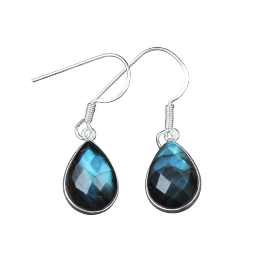Faceted Labradorite Earrings Handmade Bezel 925 Sterling Silver Pear Gemstone Earrings Gift For Her