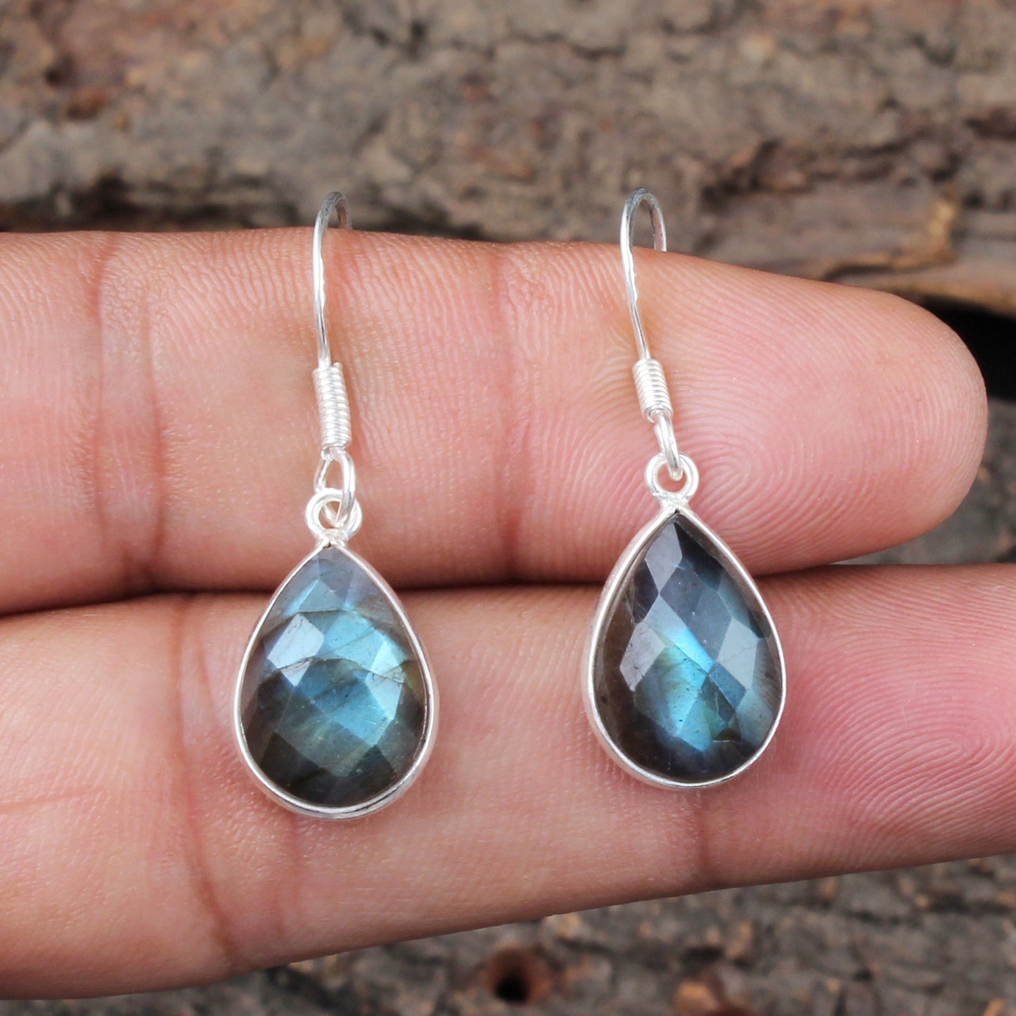 Faceted Labradorite Earrings Handmade Bezel 925 Sterling Silver Pear Gemstone Earrings Gift For Her