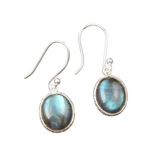 Labradorite Earrings Textured Bezel 925 Sterling Silver Oval Gemstone Earrings Lightweight Dangle Jewelry