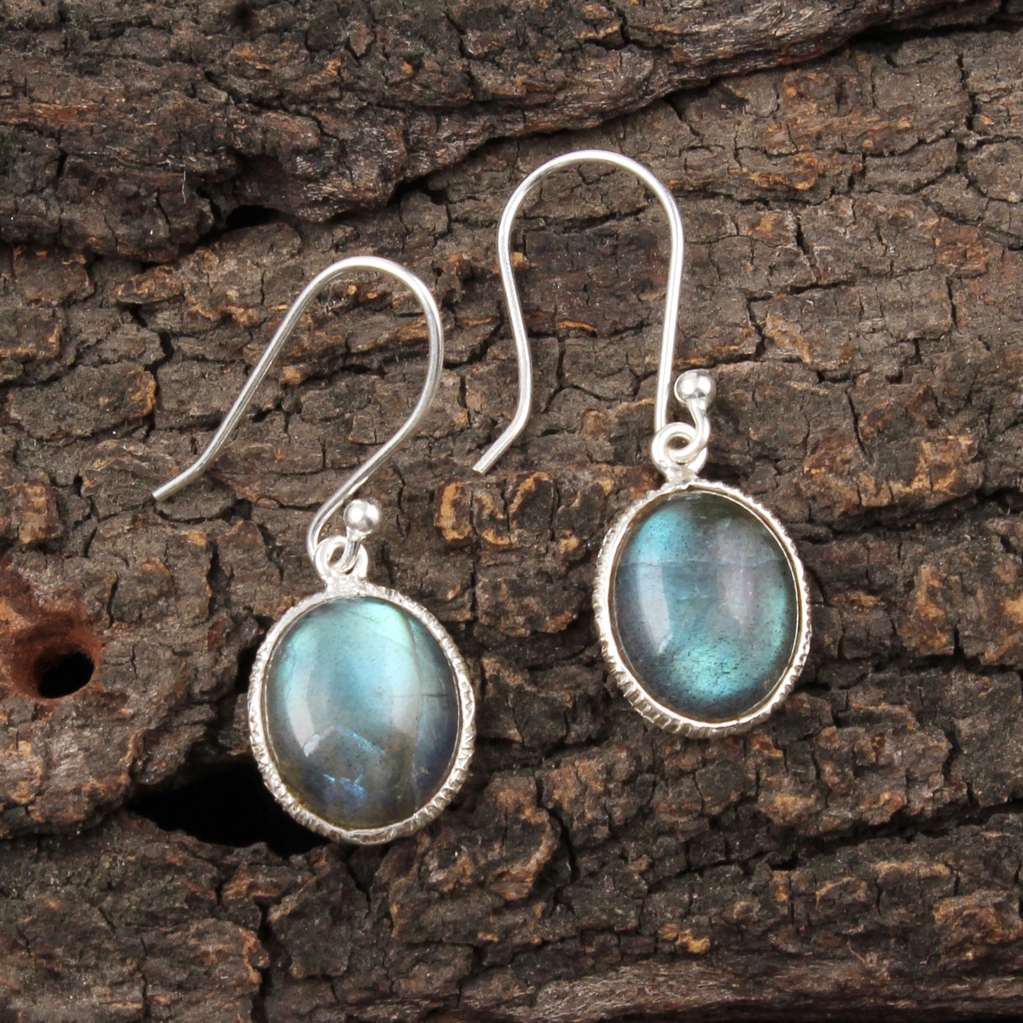 Labradorite Earrings Textured Bezel 925 Sterling Silver Oval Gemstone Earrings Lightweight Dangle Jewelry
