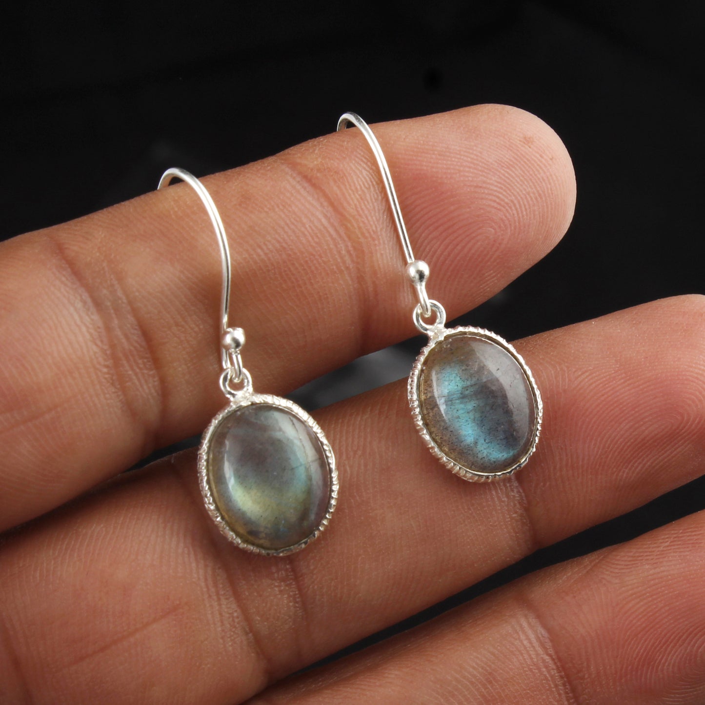 Labradorite Earrings Textured Bezel 925 Sterling Silver Oval Gemstone Earrings Lightweight Dangle Jewelry