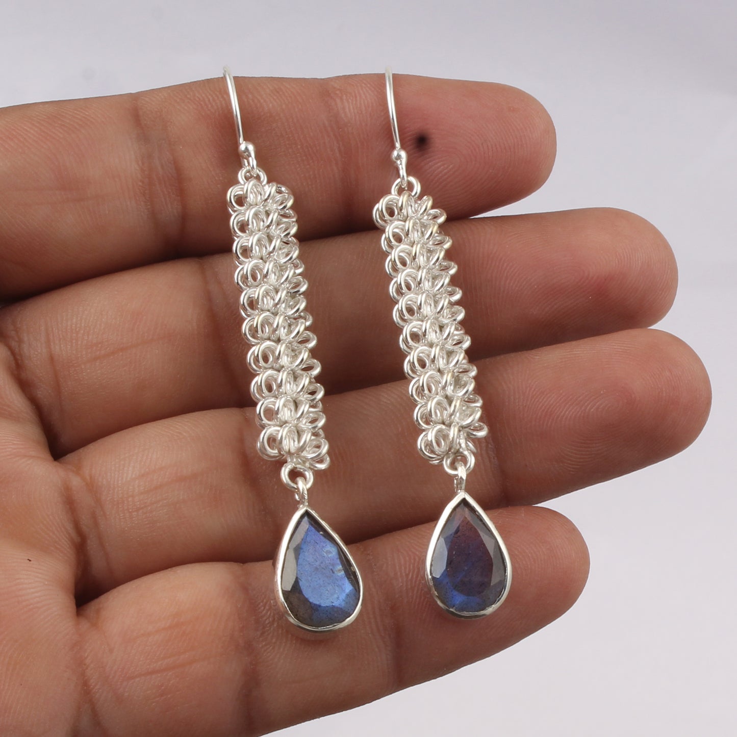 Designer Chainmaille Weave Earrings Handmade Natural Faceted Labradorite Gemstone Earrings