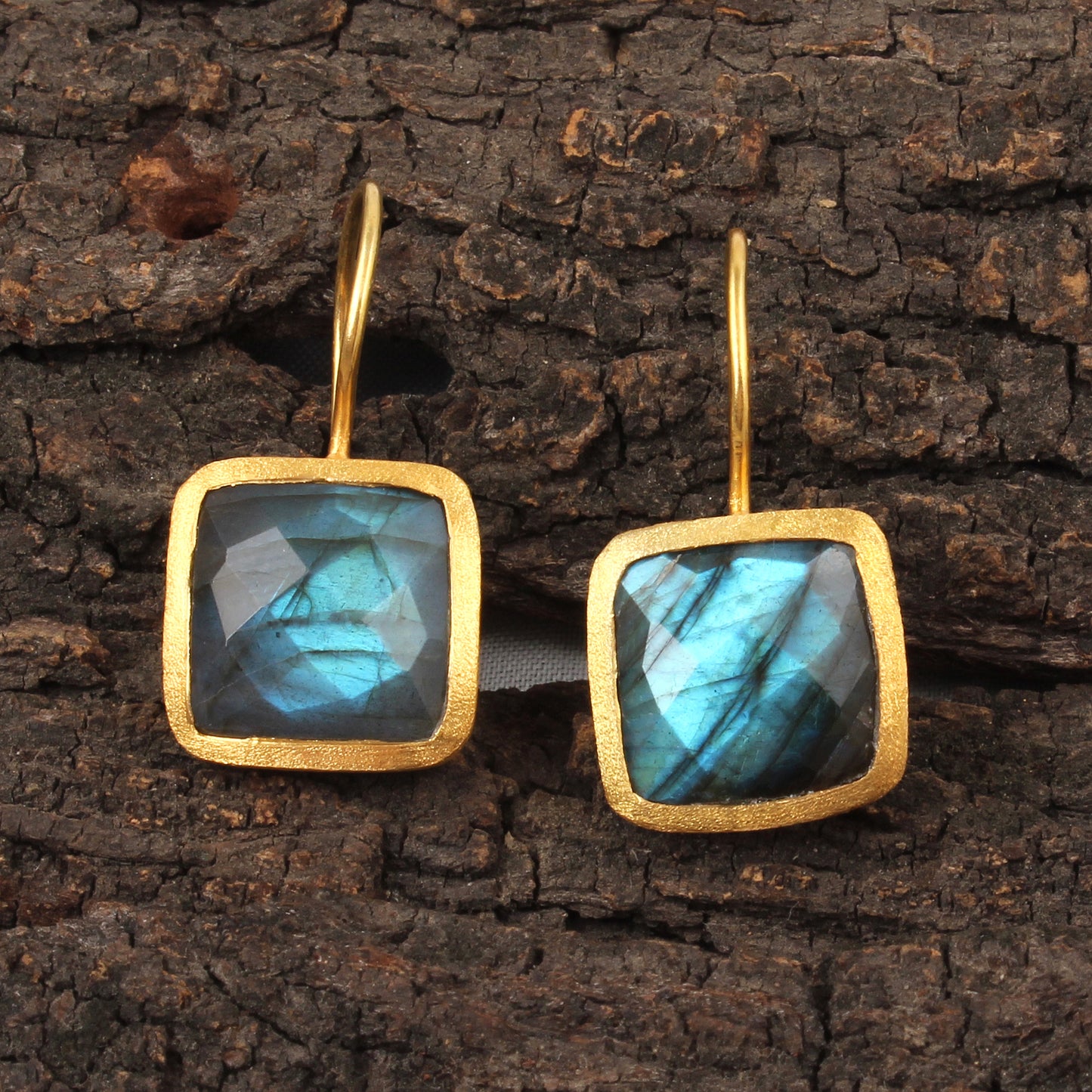 Labradorite Earrings Matte Finish Yellow Gold Plated 925 Sterling Silver Natural Gemstone Earrings