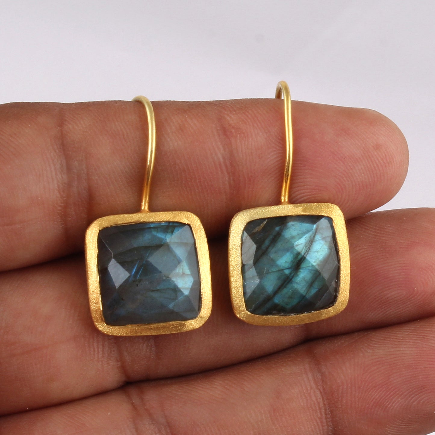 Labradorite Earrings Matte Finish Yellow Gold Plated 925 Sterling Silver Natural Gemstone Earrings