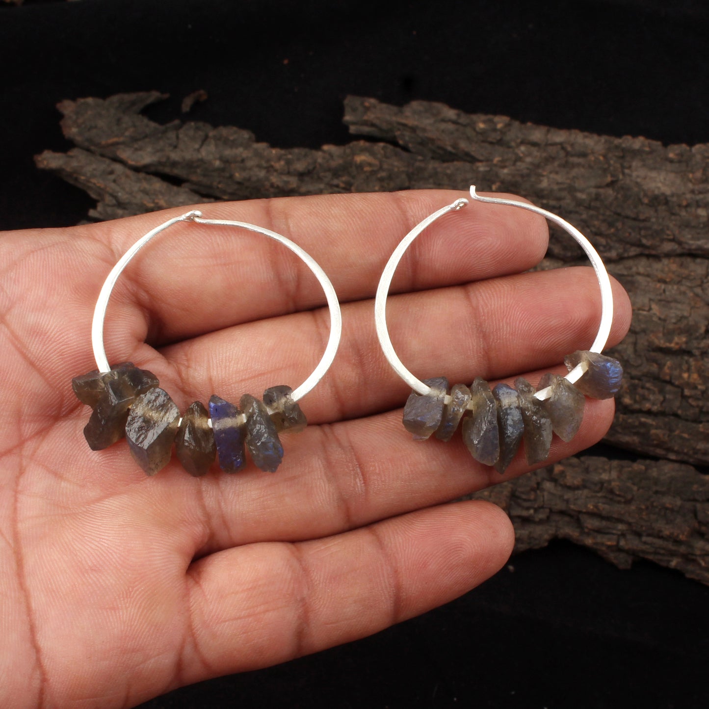 Rough Labradorite Hoop Earrings Handmade 925 Sterling Silver Natural Gemstone Earrings