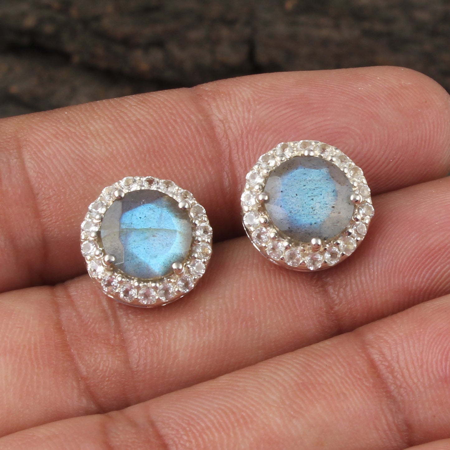 Labradorite Earrings with CZ Studded 925 Sterling Silver Labradorite Stud Earrings Gemstone Studs Earring Gift for Her