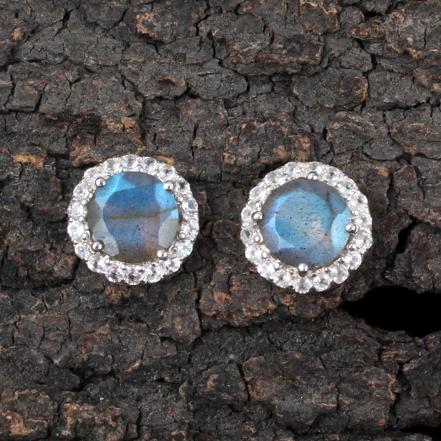 Labradorite Earrings with CZ Studded 925 Sterling Silver Labradorite Stud Earrings Gemstone Studs Earring Gift for Her