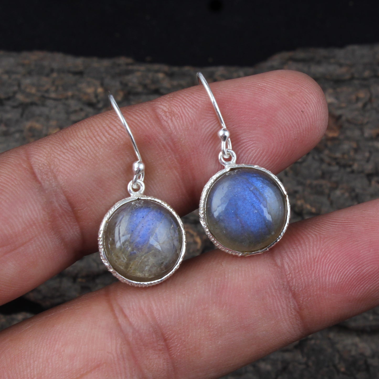 Labradorite Earrings Handmade Textured Bezel 925 Sterling Silver Round Gemstone Earrings Gift For Her