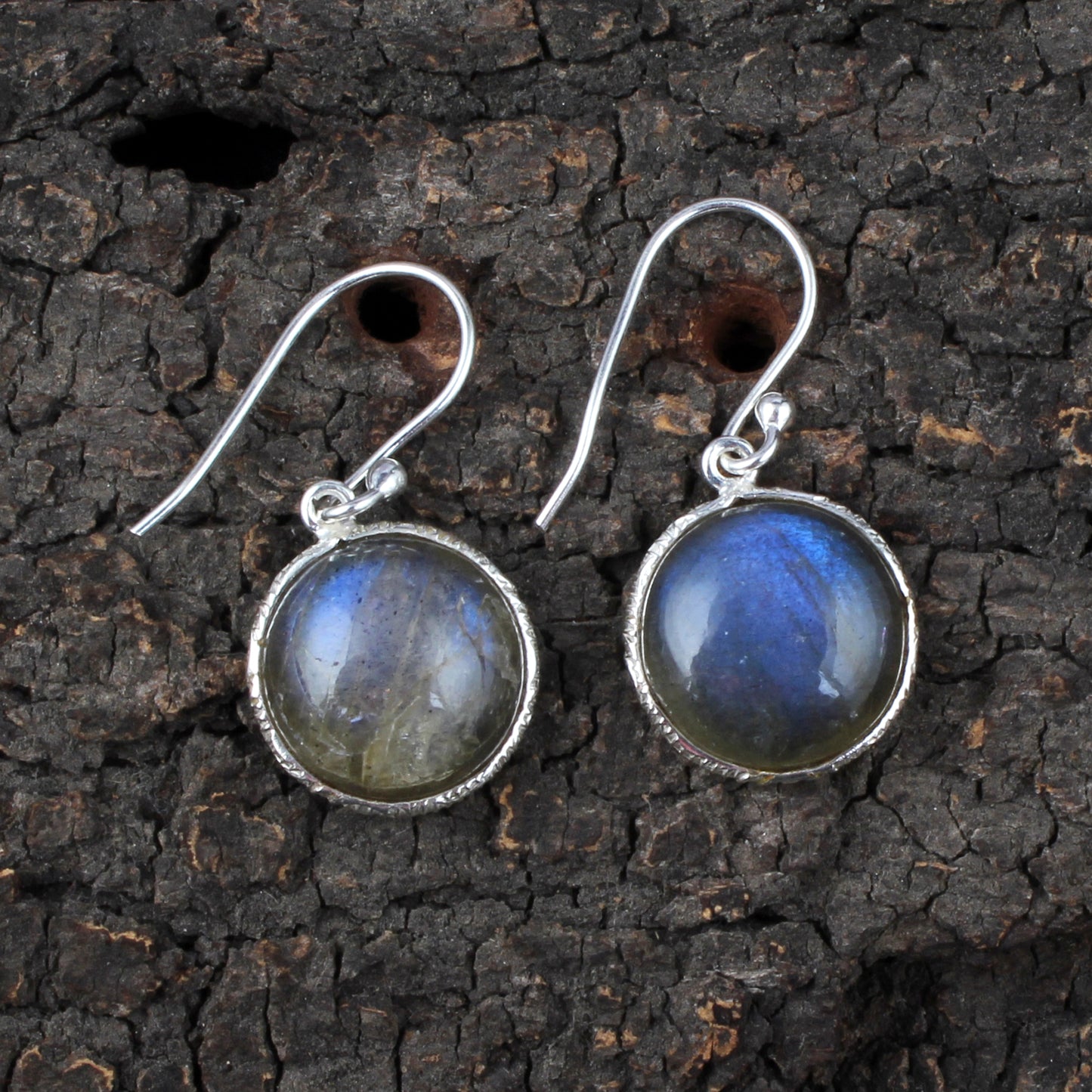 Labradorite Earrings Handmade Textured Bezel 925 Sterling Silver Round Gemstone Earrings Gift For Her