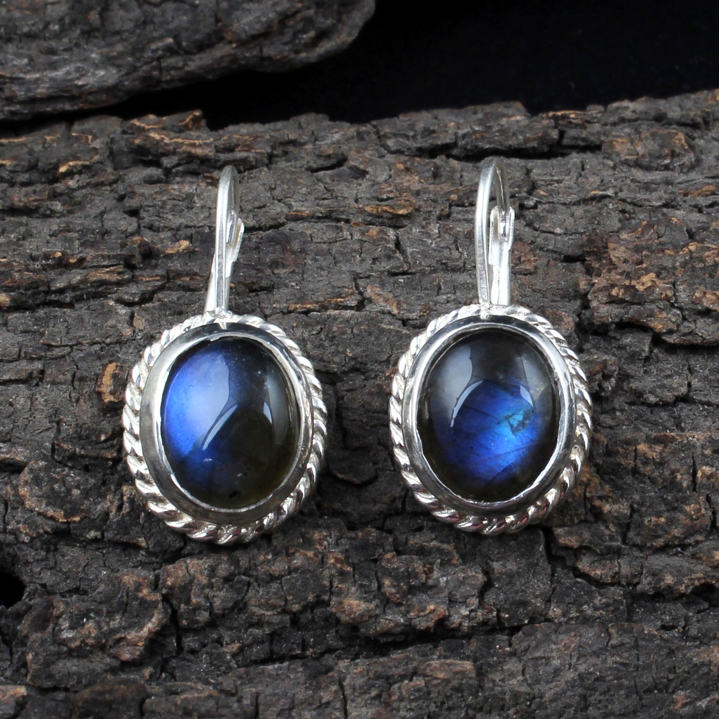 Labradorite Earrings Twisted Wire 925 Sterling Silver Oval Gemstone Earrings Lever Back Dangle Earrings