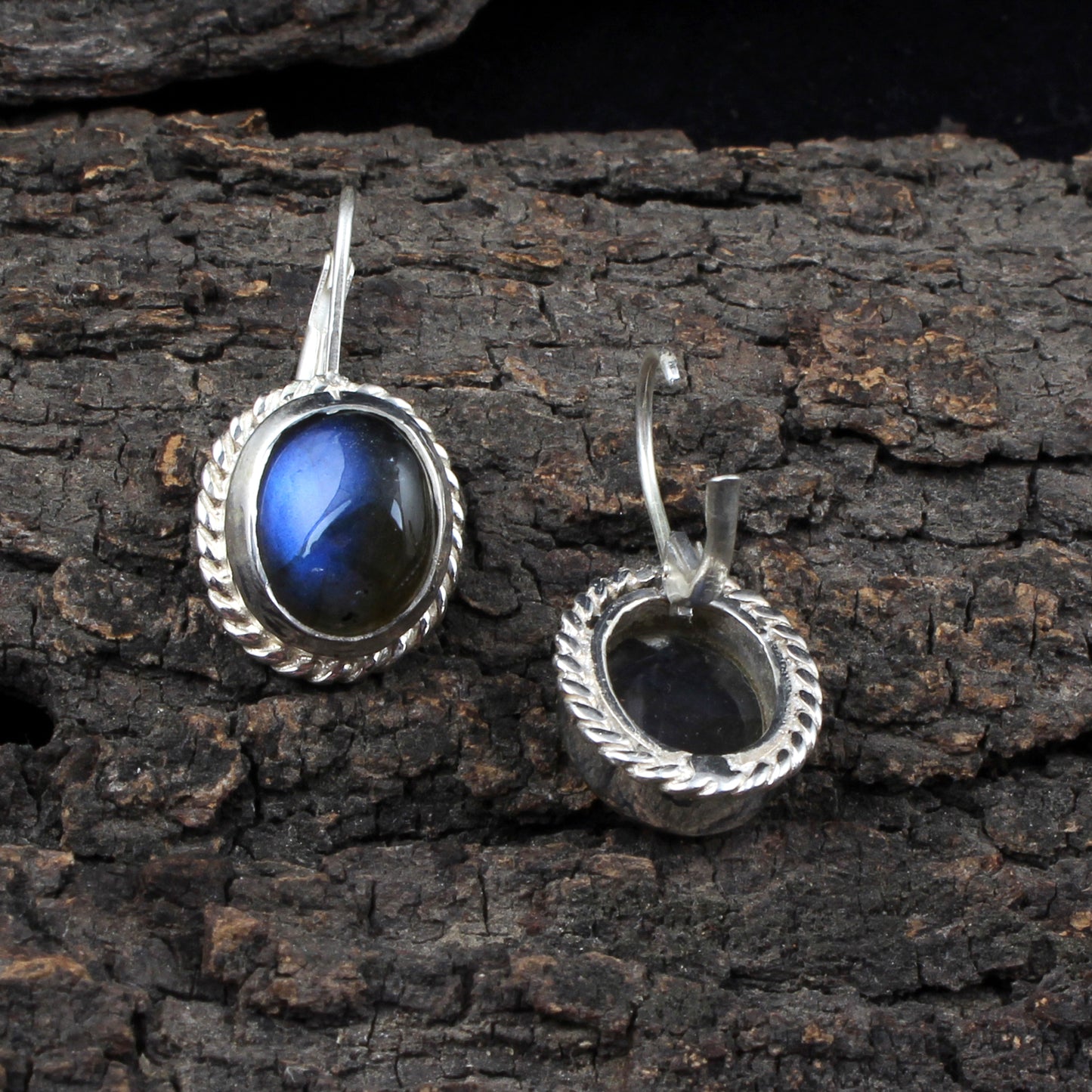 Labradorite Earrings Twisted Wire 925 Sterling Silver Oval Gemstone Earrings Lever Back Dangle Earrings