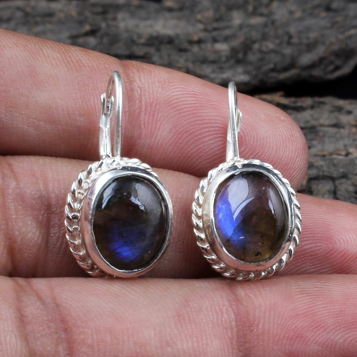 Labradorite Earrings Twisted Wire 925 Sterling Silver Oval Gemstone Earrings Lever Back Dangle Earrings