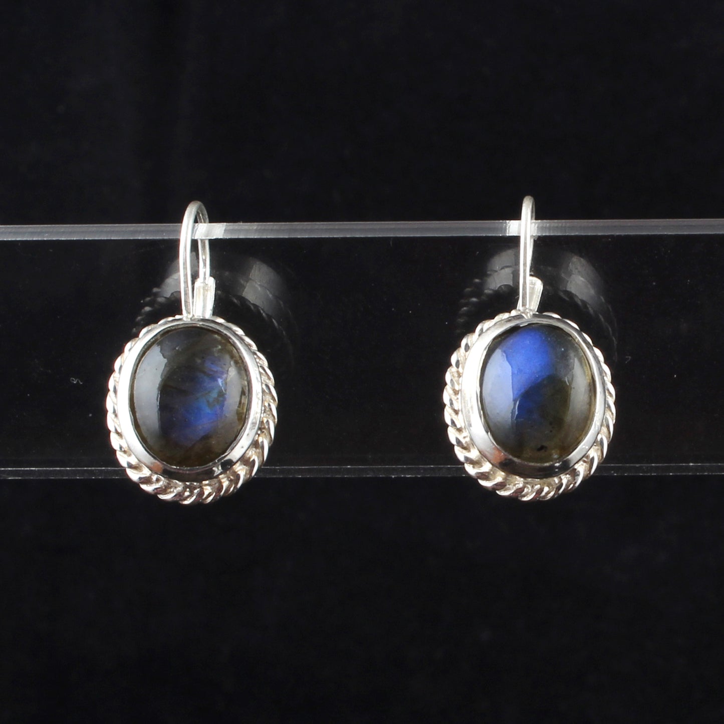 Labradorite Earrings Twisted Wire 925 Sterling Silver Oval Gemstone Earrings Lever Back Dangle Earrings