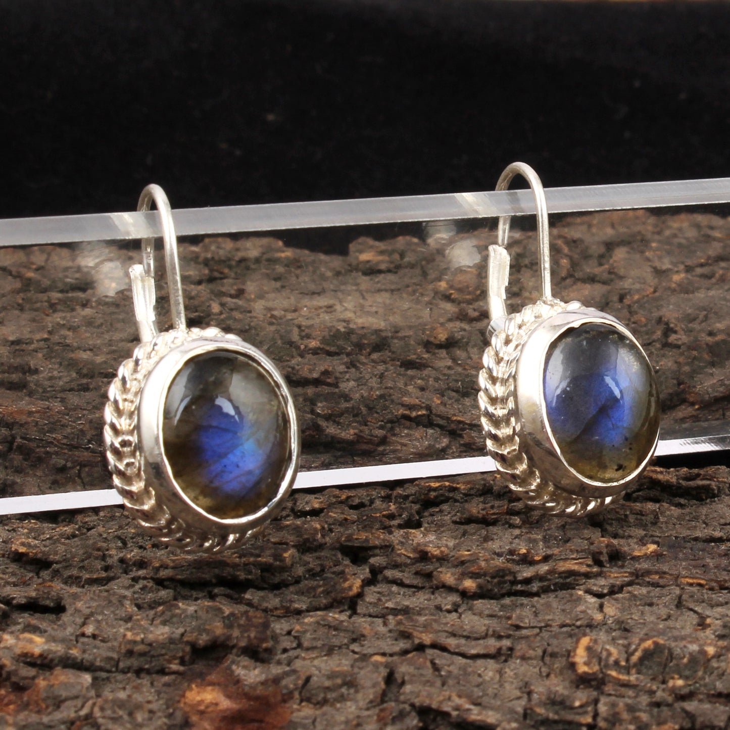 Labradorite Earrings Twisted Wire 925 Sterling Silver Oval Gemstone Earrings Lever Back Dangle Earrings