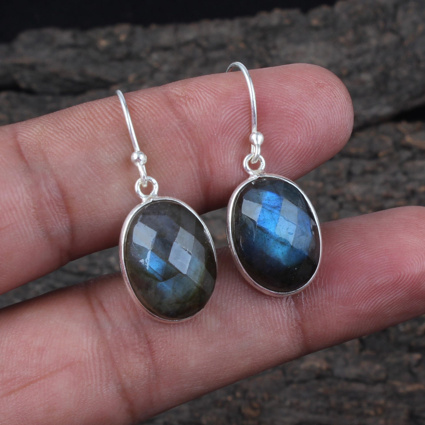 Labradorite Earrings Handmade Bezel 925 Sterling Silver Oval Faceted Gemstone Earrings Valentine's Gift For Her