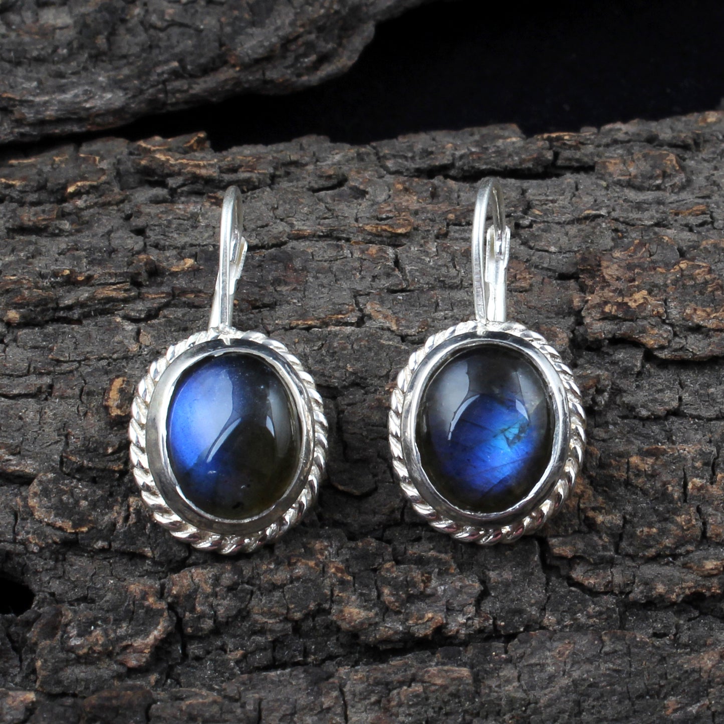 Labradorite Twisted Wire 925 Sterling Silver Oval Gemstone Earrings Lever Back Dangle Earrings