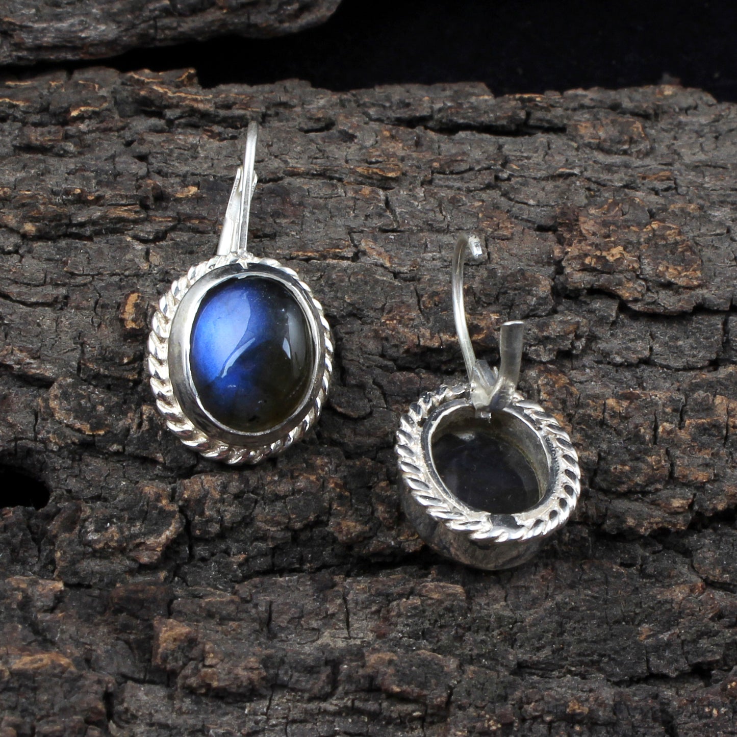 Labradorite Twisted Wire 925 Sterling Silver Oval Gemstone Earrings Lever Back Dangle Earrings