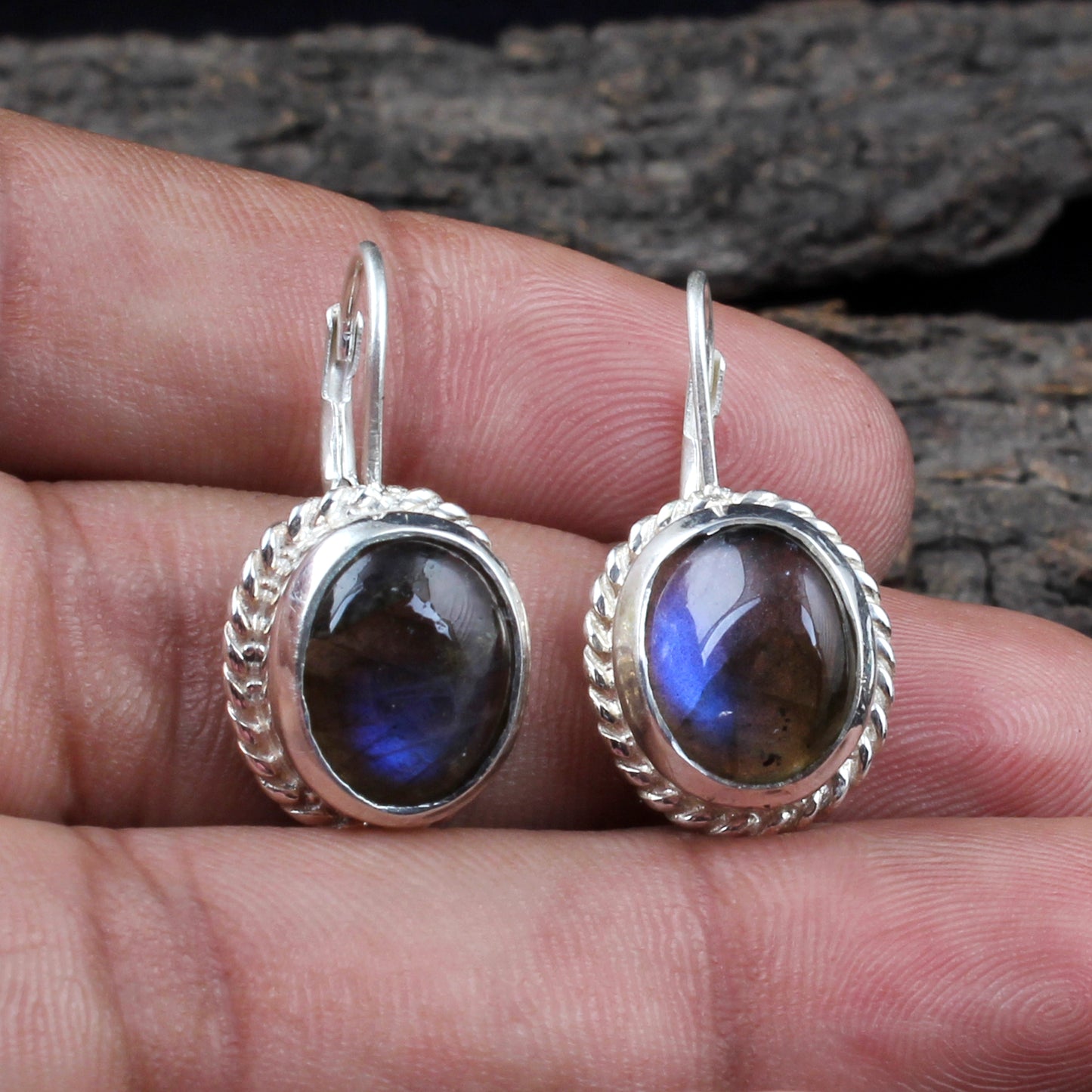 Labradorite Twisted Wire 925 Sterling Silver Oval Gemstone Earrings Lever Back Dangle Earrings