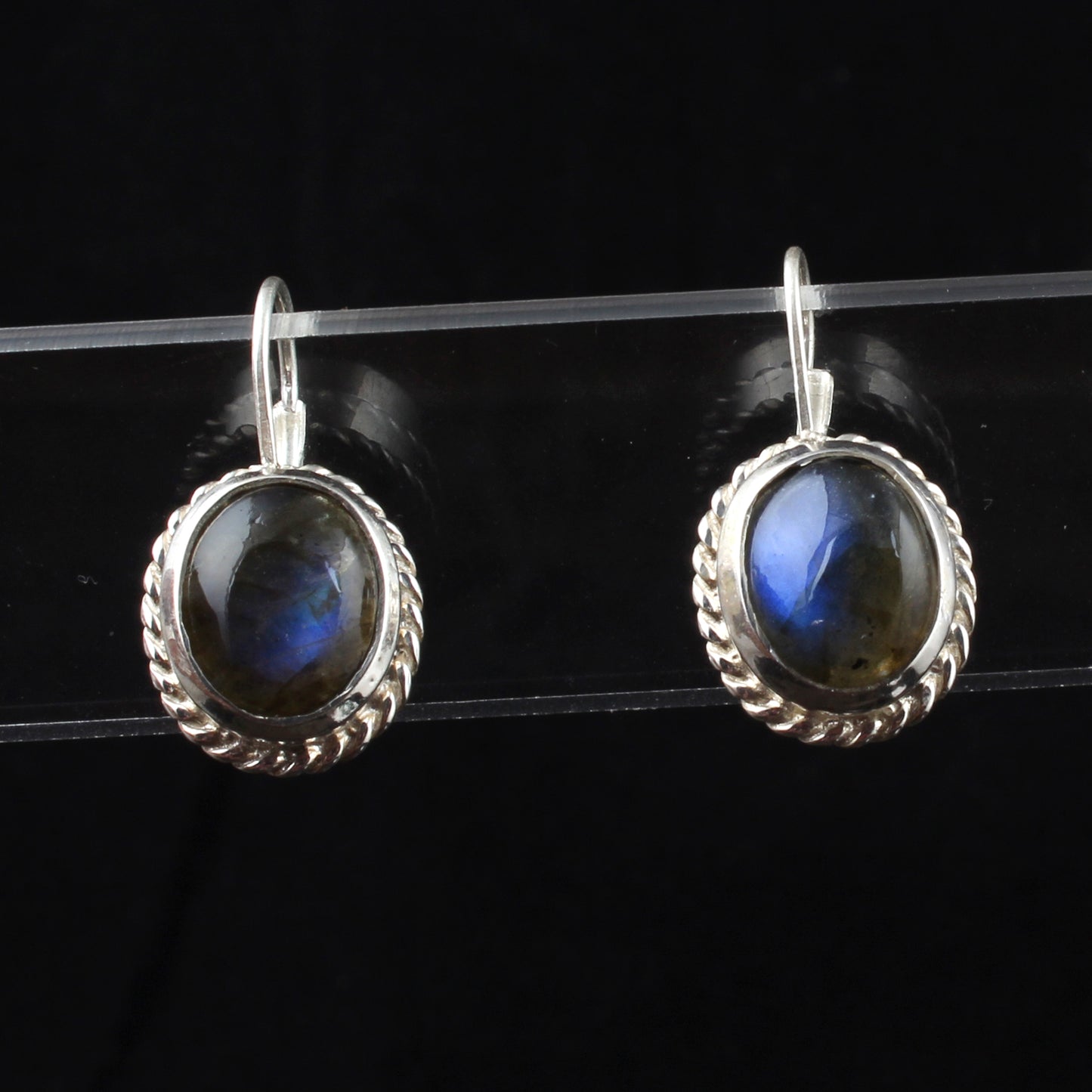 Labradorite Twisted Wire 925 Sterling Silver Oval Gemstone Earrings Lever Back Dangle Earrings