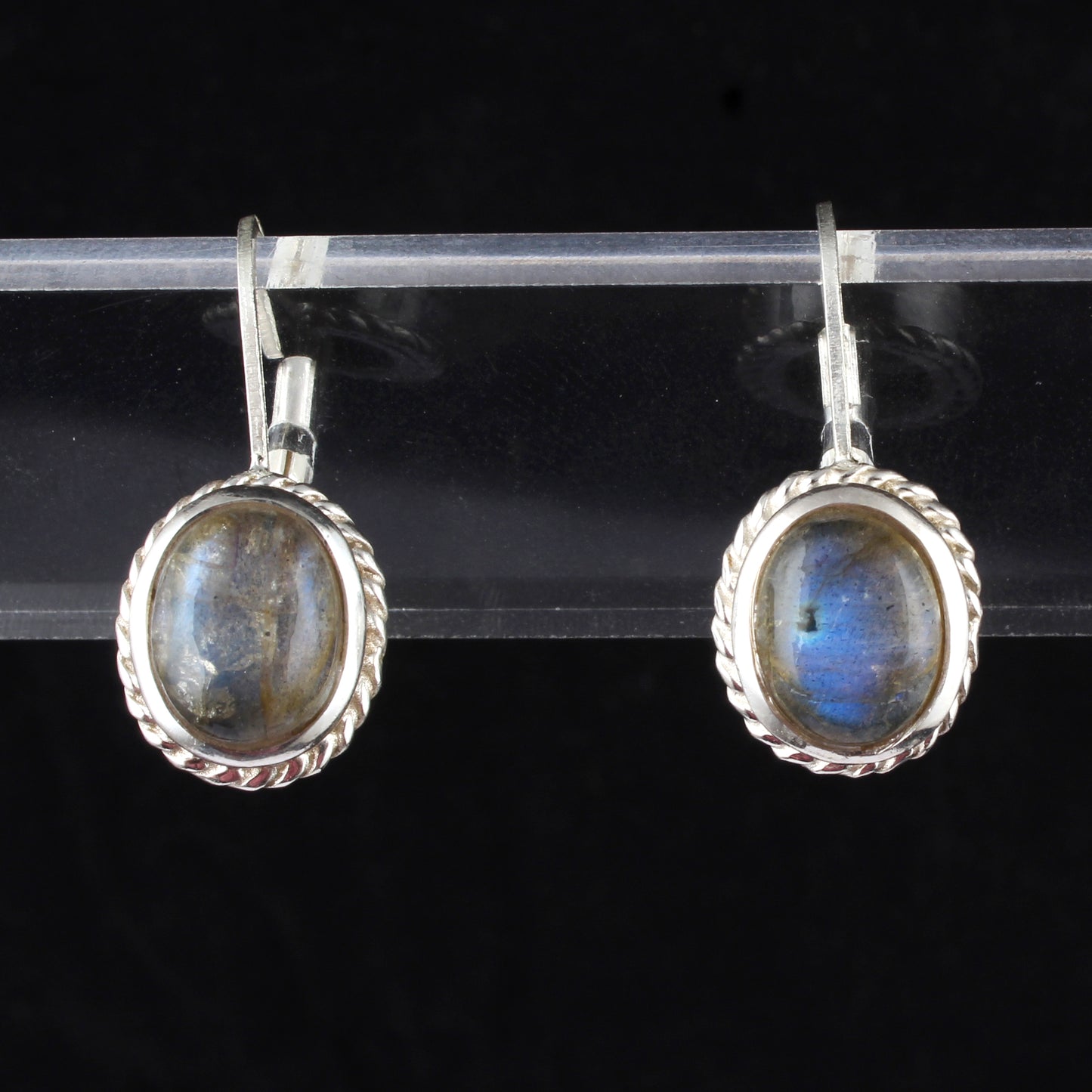 Labradorite Earrings Twisted Wire 925 Sterling Silver Oval Natural Gemstone Earrings Lever Back Dangle Earrings