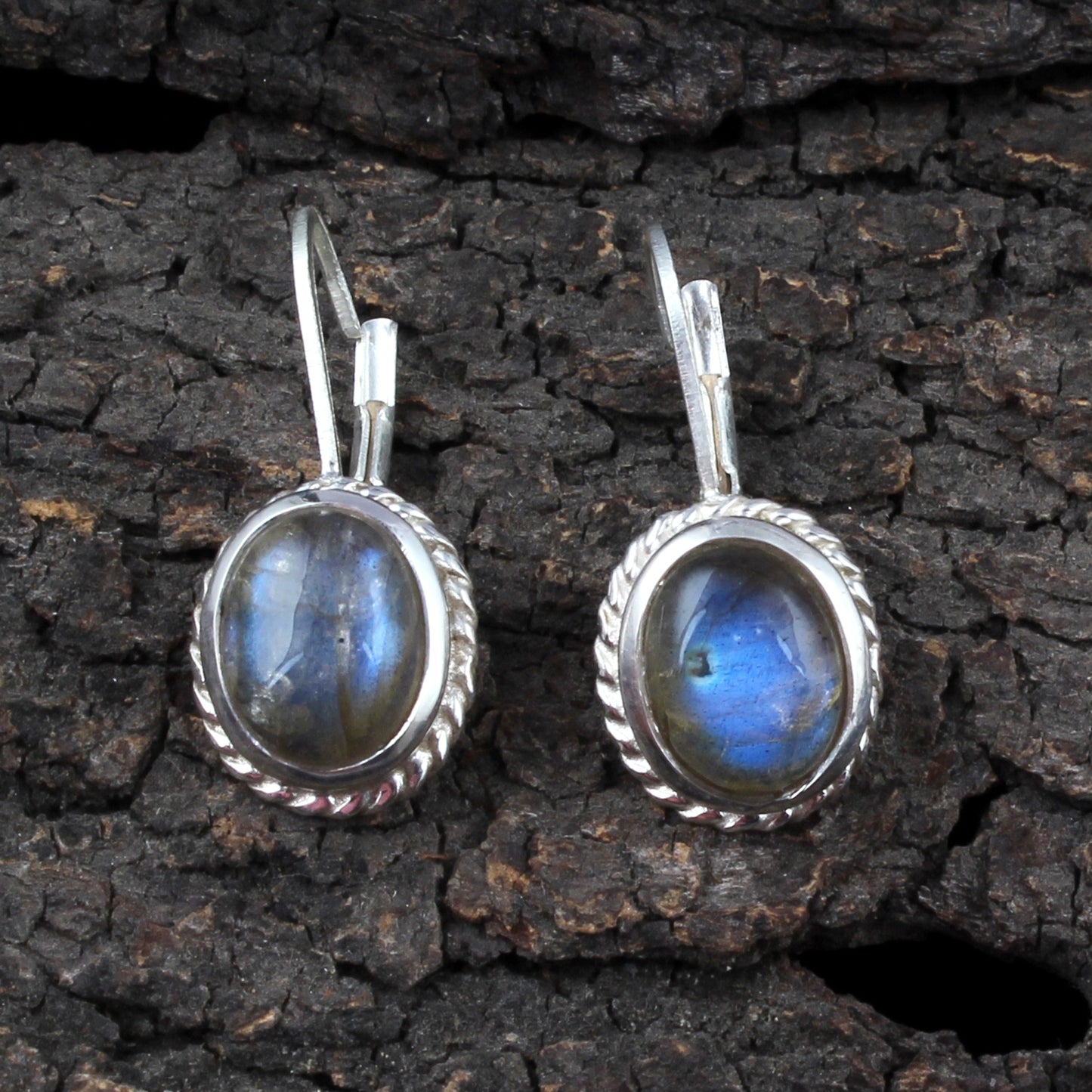 Labradorite Earrings Twisted Wire 925 Sterling Silver Oval Natural Gemstone Earrings Lever Back Dangle Earrings