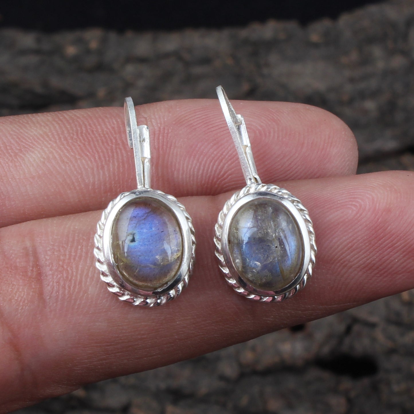 Labradorite Earrings Twisted Wire 925 Sterling Silver Oval Natural Gemstone Earrings Lever Back Dangle Earrings