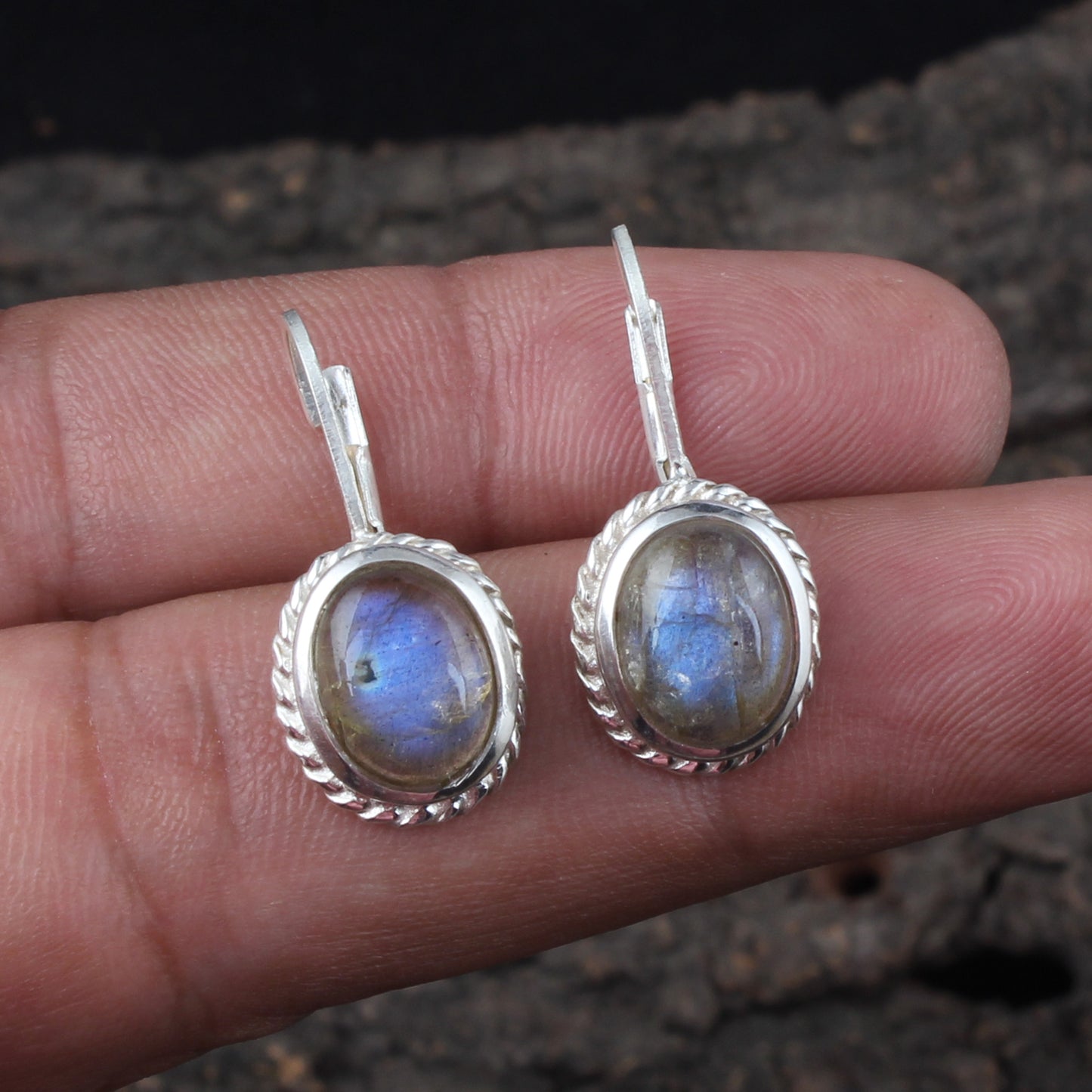 Labradorite Earrings Twisted Wire 925 Sterling Silver Oval Natural Gemstone Earrings Lever Back Dangle Earrings