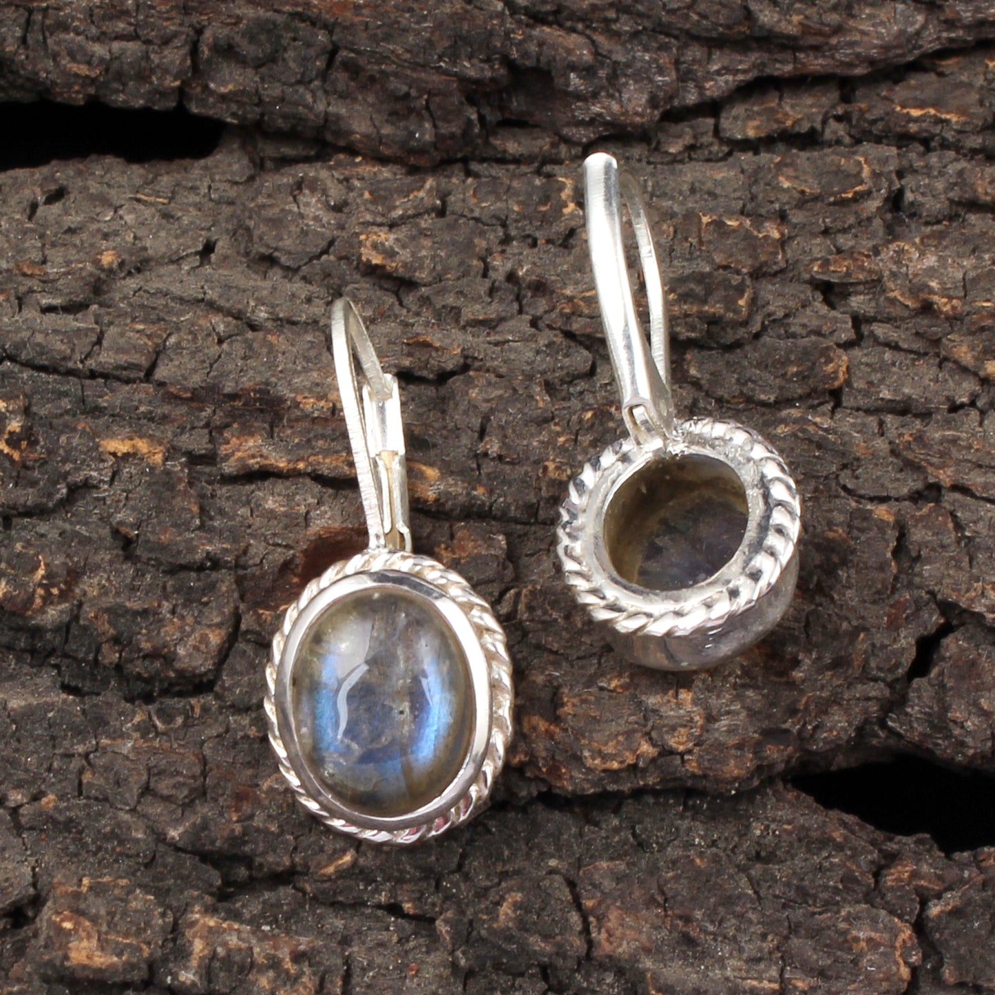 Labradorite Earrings Twisted Wire 925 Sterling Silver Oval Natural Gemstone Earrings Lever Back Dangle Earrings