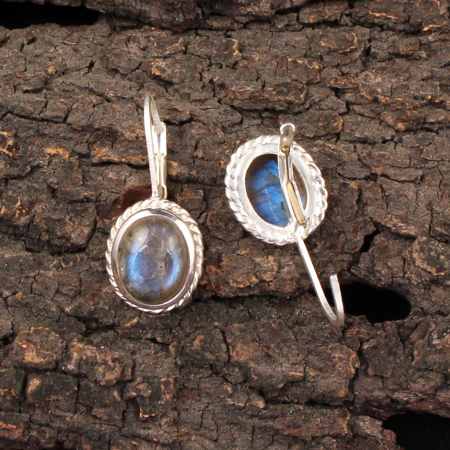 Labradorite Earrings Twisted Wire 925 Sterling Silver Oval Natural Gemstone Earrings Lever Back Dangle Earrings