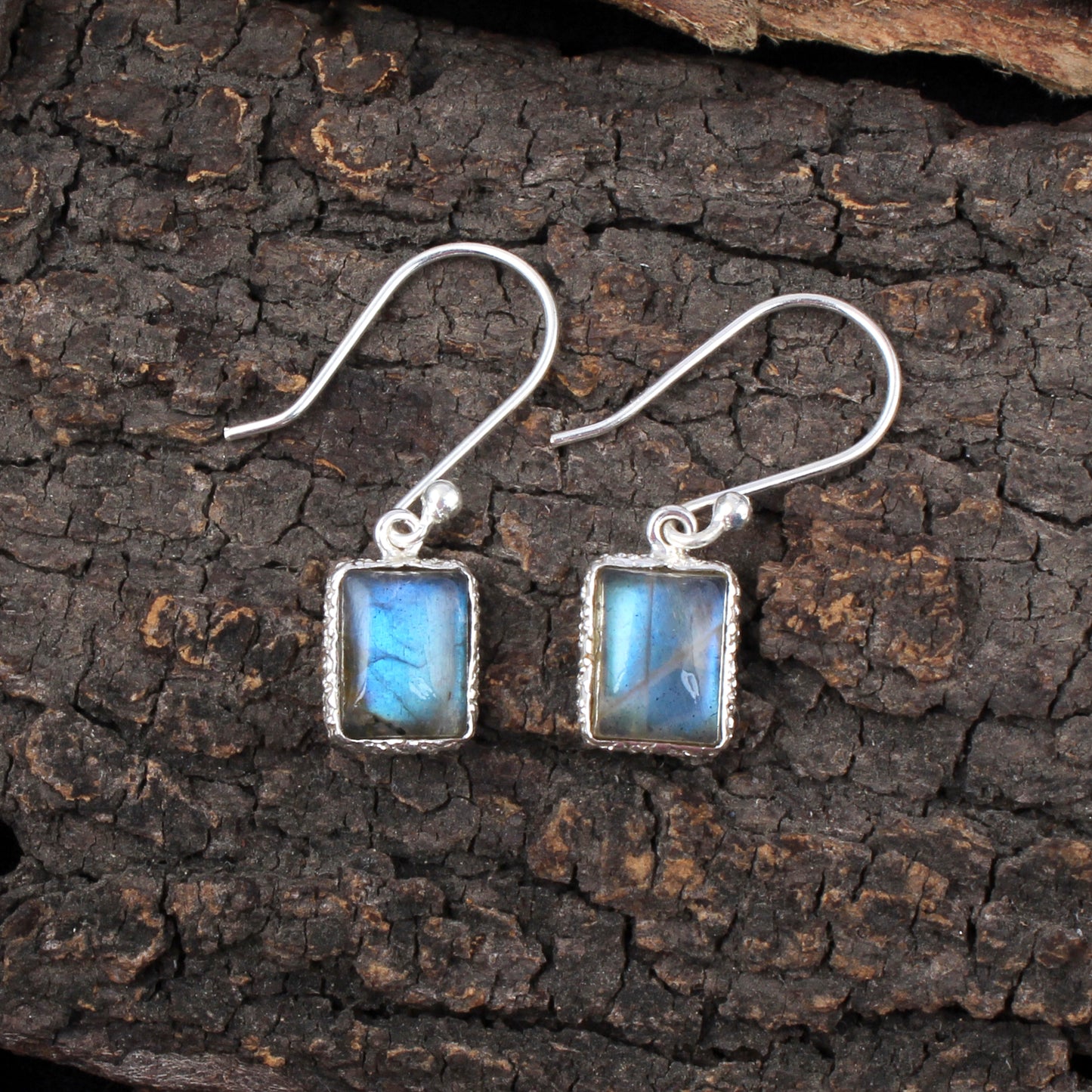 Natural Labradorite Earrings Handmade Textured Bezel 925 Sterling Silver Gemstone Earrings Gift For Her