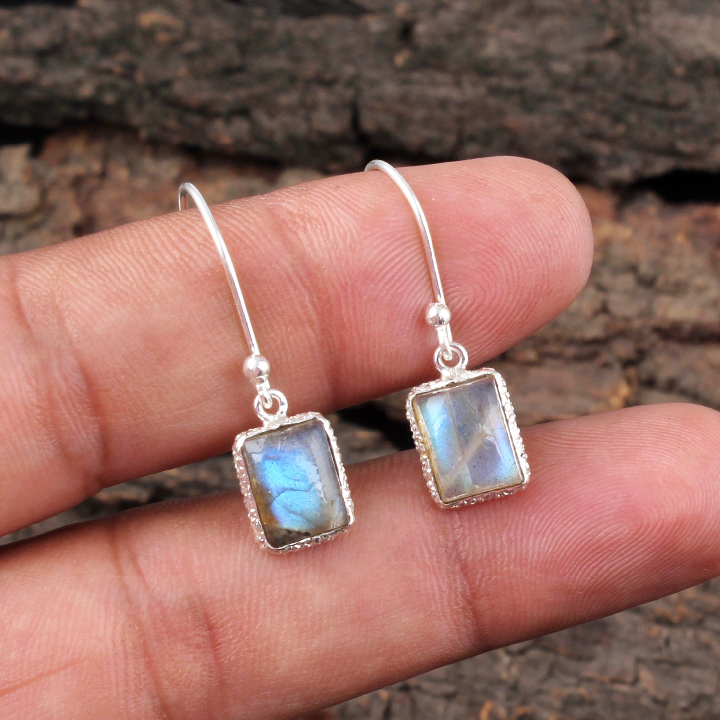 Natural Labradorite Earrings Handmade Textured Bezel 925 Sterling Silver Gemstone Earrings Gift For Her