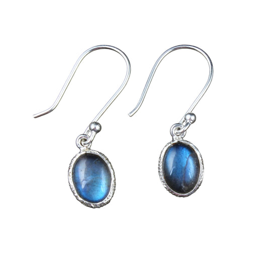 Labradorite Earrings Textured Bezel 925 Sterling Silver Oval Gemstone Earrings Lightweight Dangle Drop Earrings