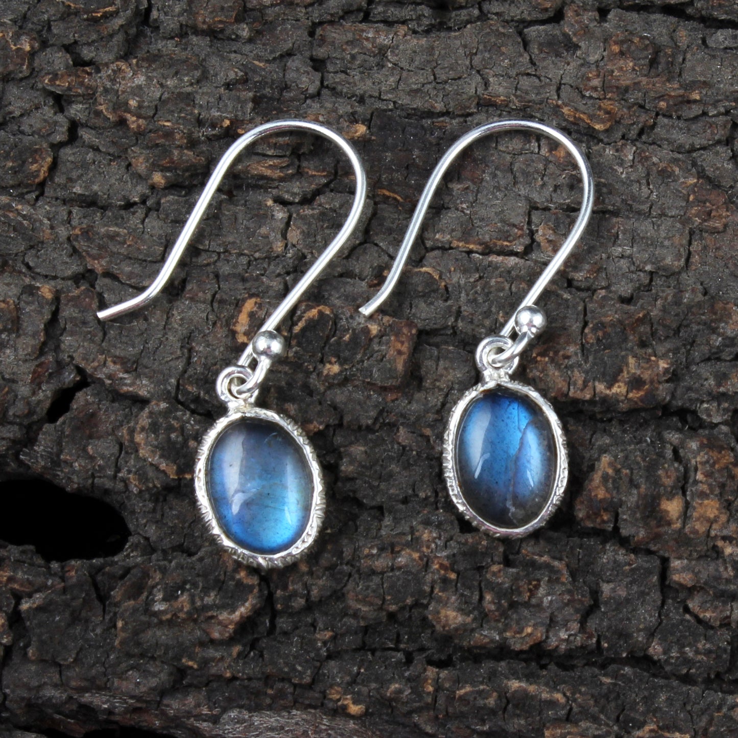 Labradorite Earrings Textured Bezel 925 Sterling Silver Oval Gemstone Earrings Lightweight Dangle Drop Earrings