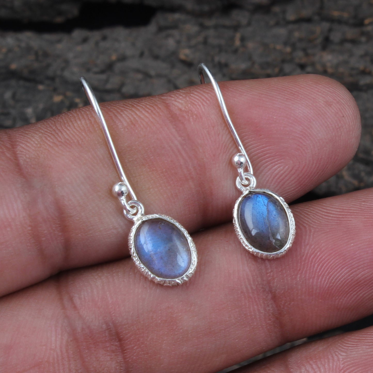 Labradorite Earrings Textured Bezel 925 Sterling Silver Oval Gemstone Earrings Lightweight Dangle Drop Earrings