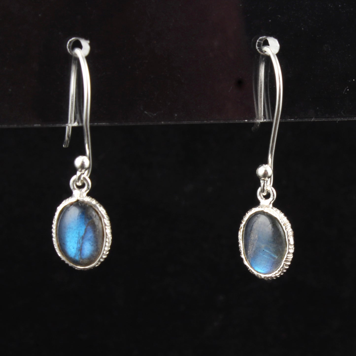 Labradorite Earrings Textured Bezel 925 Sterling Silver Oval Gemstone Earrings Lightweight Dangle Drop Earrings
