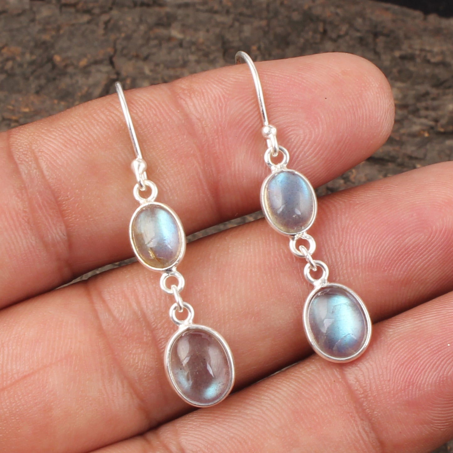 Labradorite Earrings Bezel 925 Sterling Silver Oval Gemstone Earrings Lightweight Dangle Drop Earrings