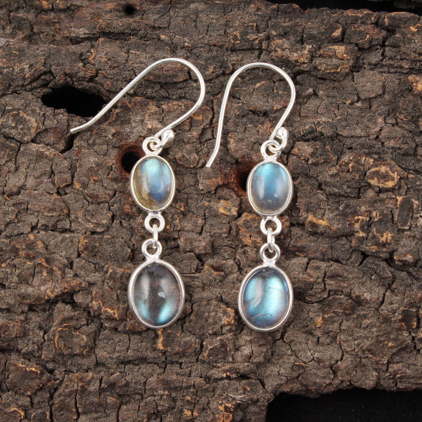 Labradorite Earrings Bezel 925 Sterling Silver Oval Gemstone Earrings Lightweight Dangle Drop Earrings
