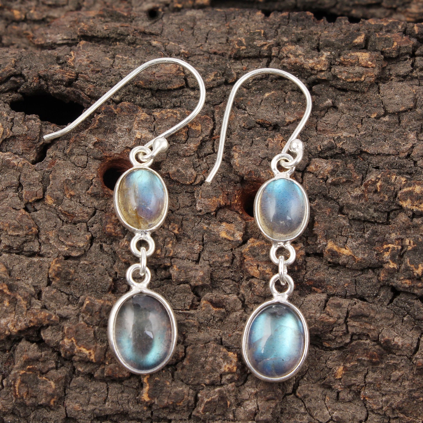 Labradorite Earrings Bezel 925 Sterling Silver Oval Gemstone Earrings Lightweight Dangle Drop Earrings