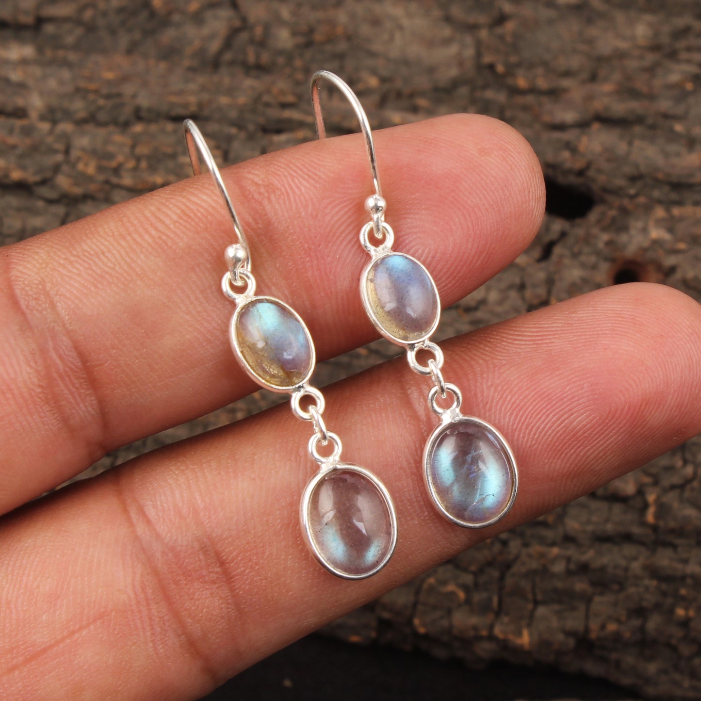 Labradorite Earrings Bezel 925 Sterling Silver Oval Gemstone Earrings Lightweight Dangle Drop Earrings