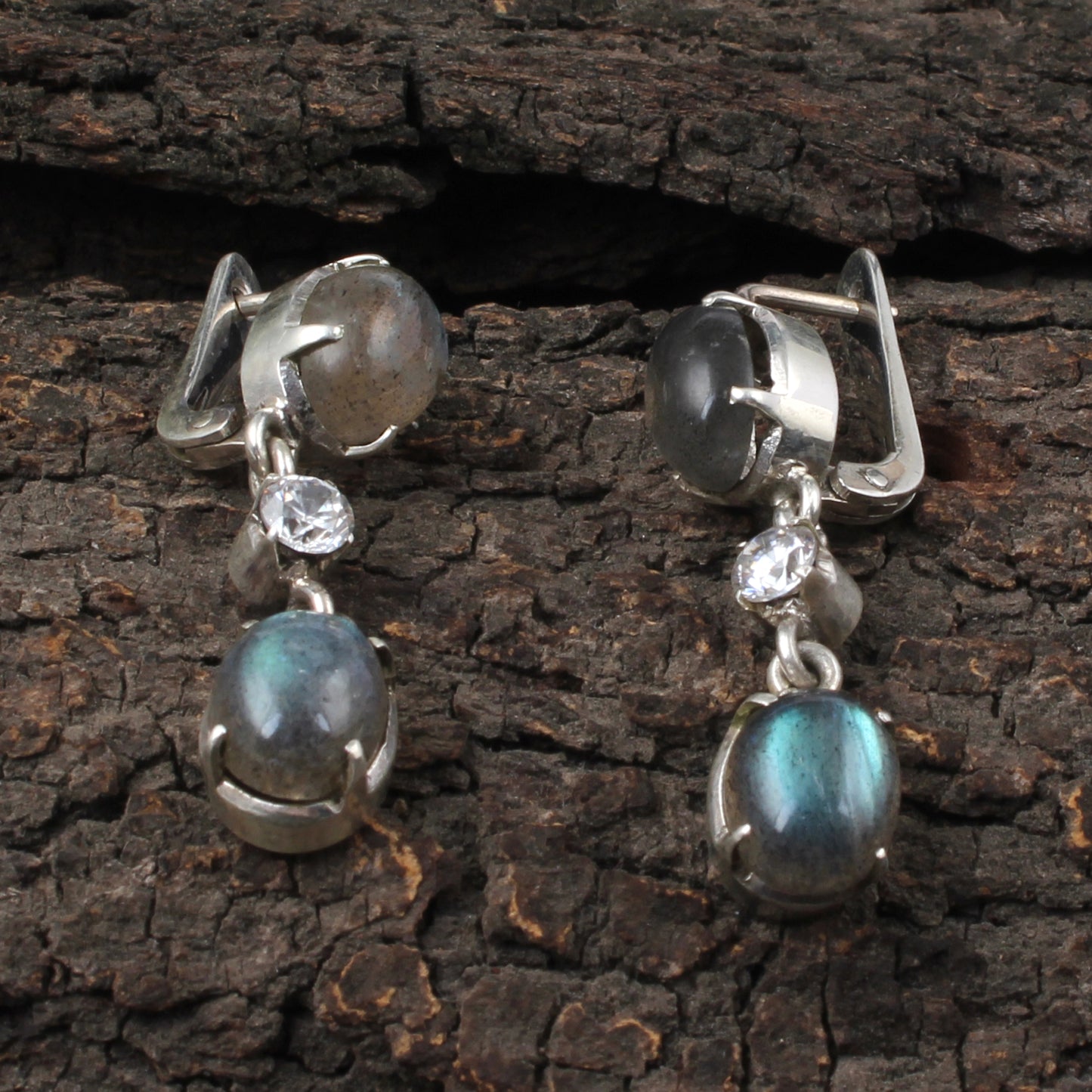 Labradorite Earrings with CZ Handmade Lightweight Dangle 925 Sterling Silver Natural Gemstone Earrings
