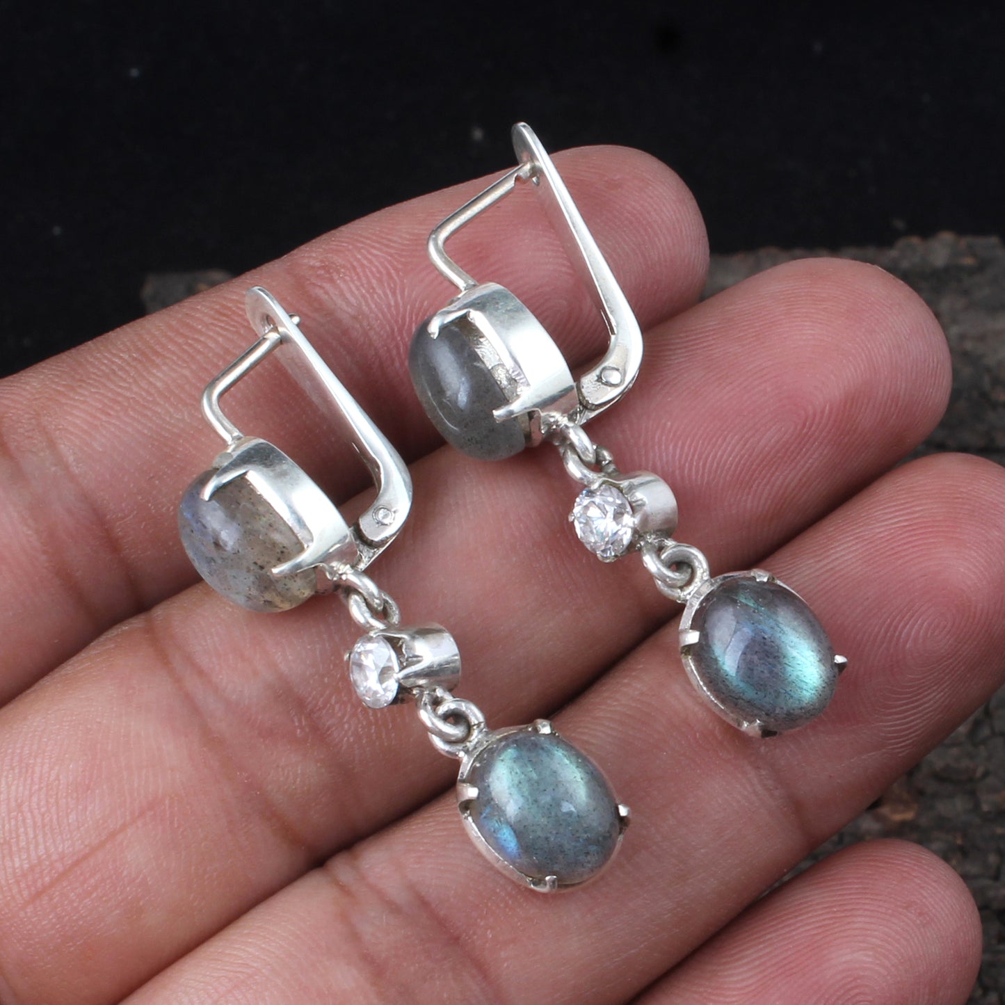 Labradorite Earrings with CZ Handmade Lightweight Dangle 925 Sterling Silver Natural Gemstone Earrings
