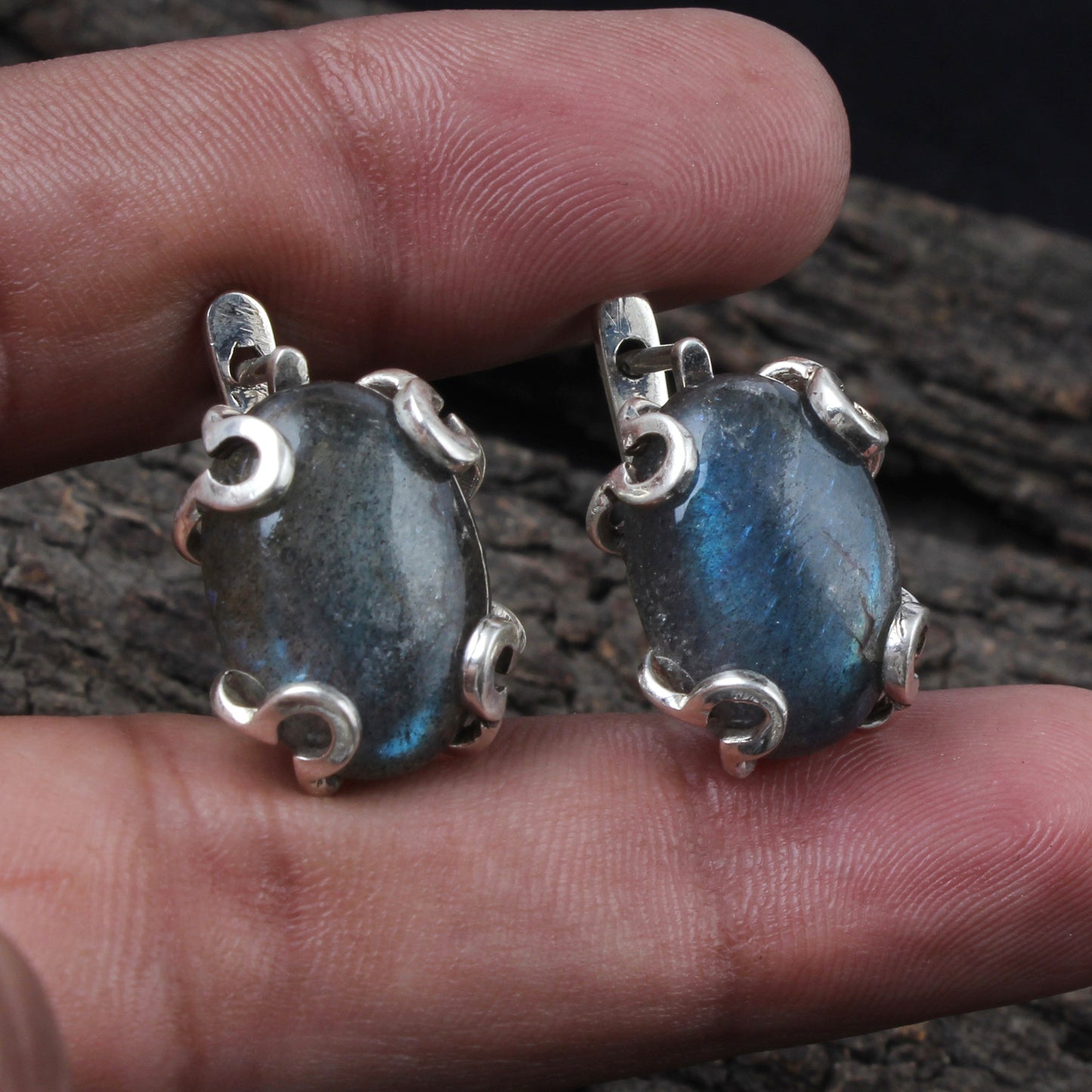 Natural Labradorite Stud Earrings with Russian Lock Handmade 925 Sterling Silver Gemstone Stud Earrings