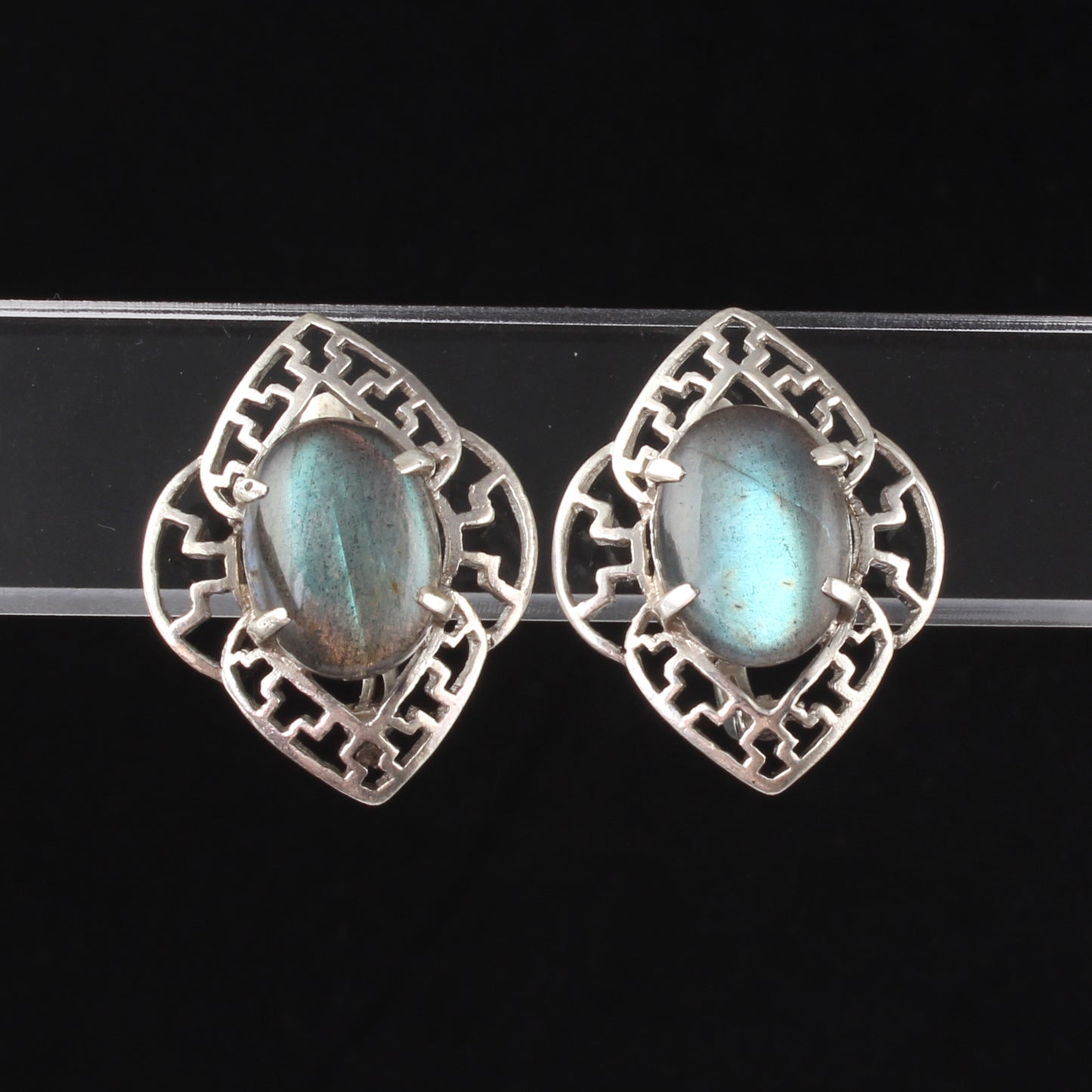 Labradorite Openwork Earrings with Russian Lock Handmade 925 Sterling Silver Earrings Prong Setting Earrings