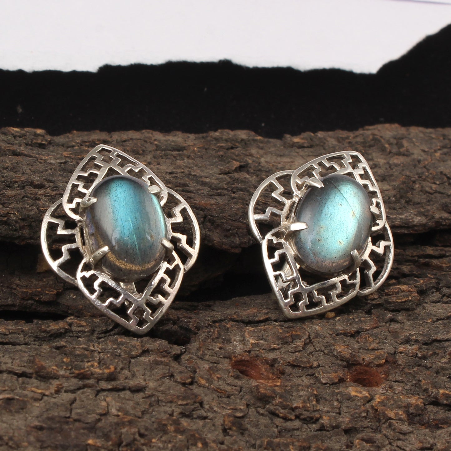 Labradorite Openwork Earrings with Russian Lock Handmade 925 Sterling Silver Earrings Prong Setting Earrings