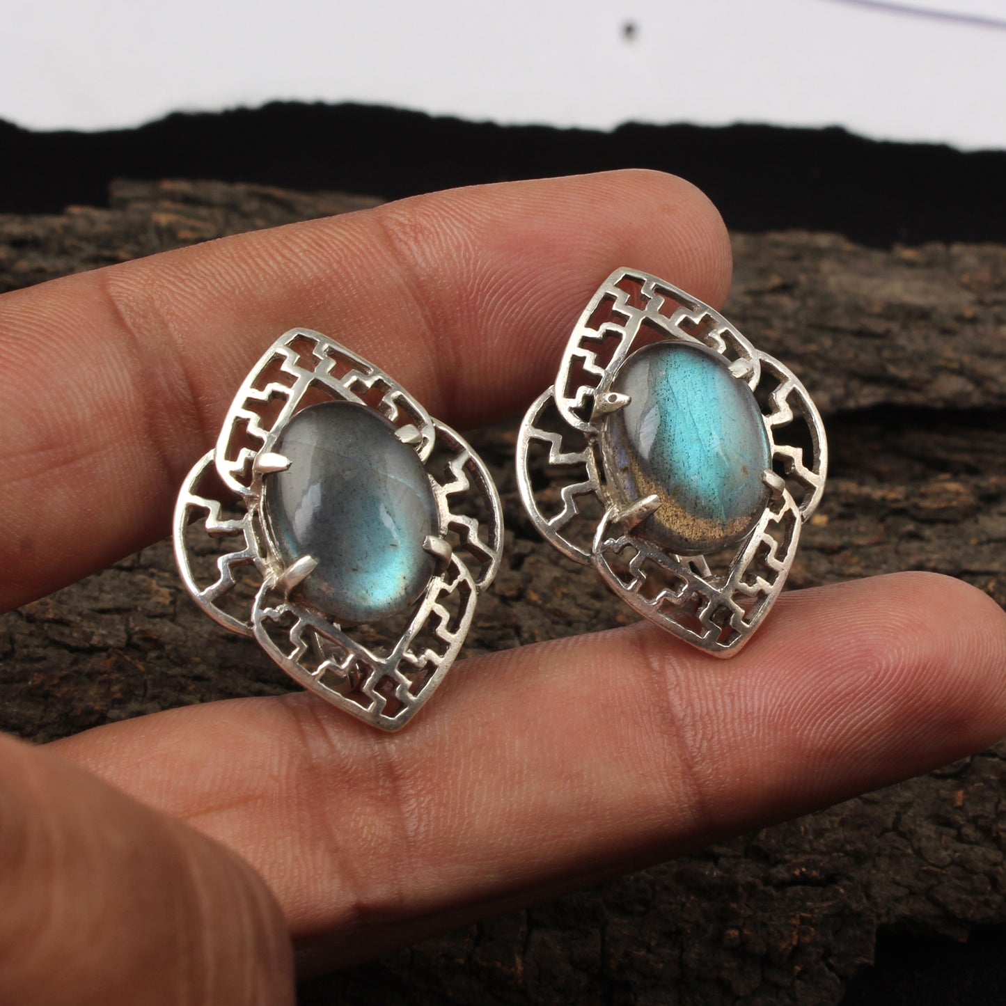 Labradorite Openwork Earrings with Russian Lock Handmade 925 Sterling Silver Earrings Prong Setting Earrings